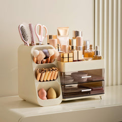 HBlife makeup organizer vanity beige - top view highlights multiple compartments for cosmetics storage.