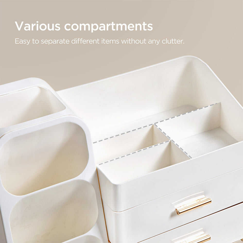 HBlife makeup organizer vanity setup on dresser keeps skincare organized.