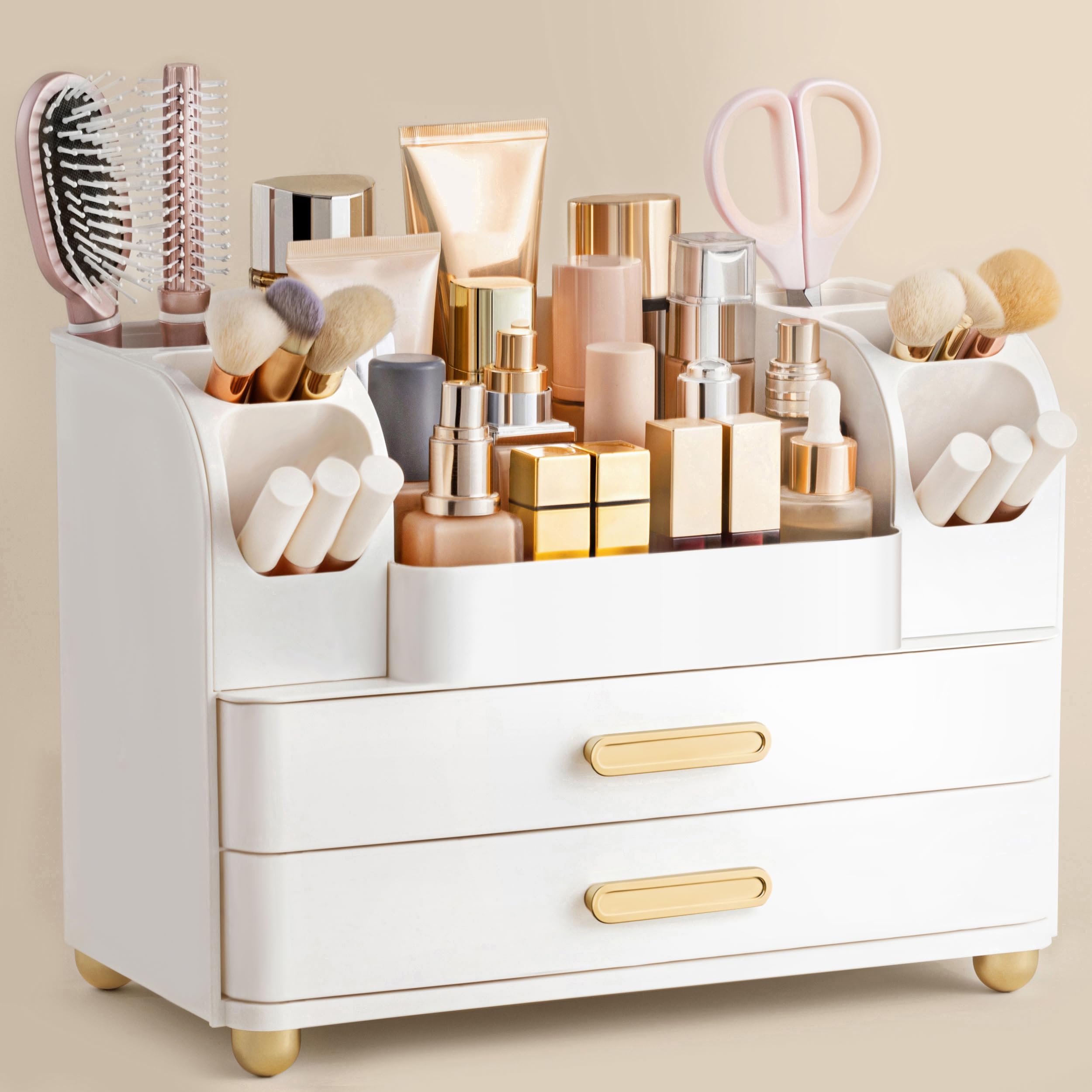 HBlife makeup organizer vanity top compartment keeps cosmetics organized and within reach.