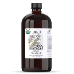 HBNO Black Seed Oil bottle front highlights premium glass packaging ideal for facial use.