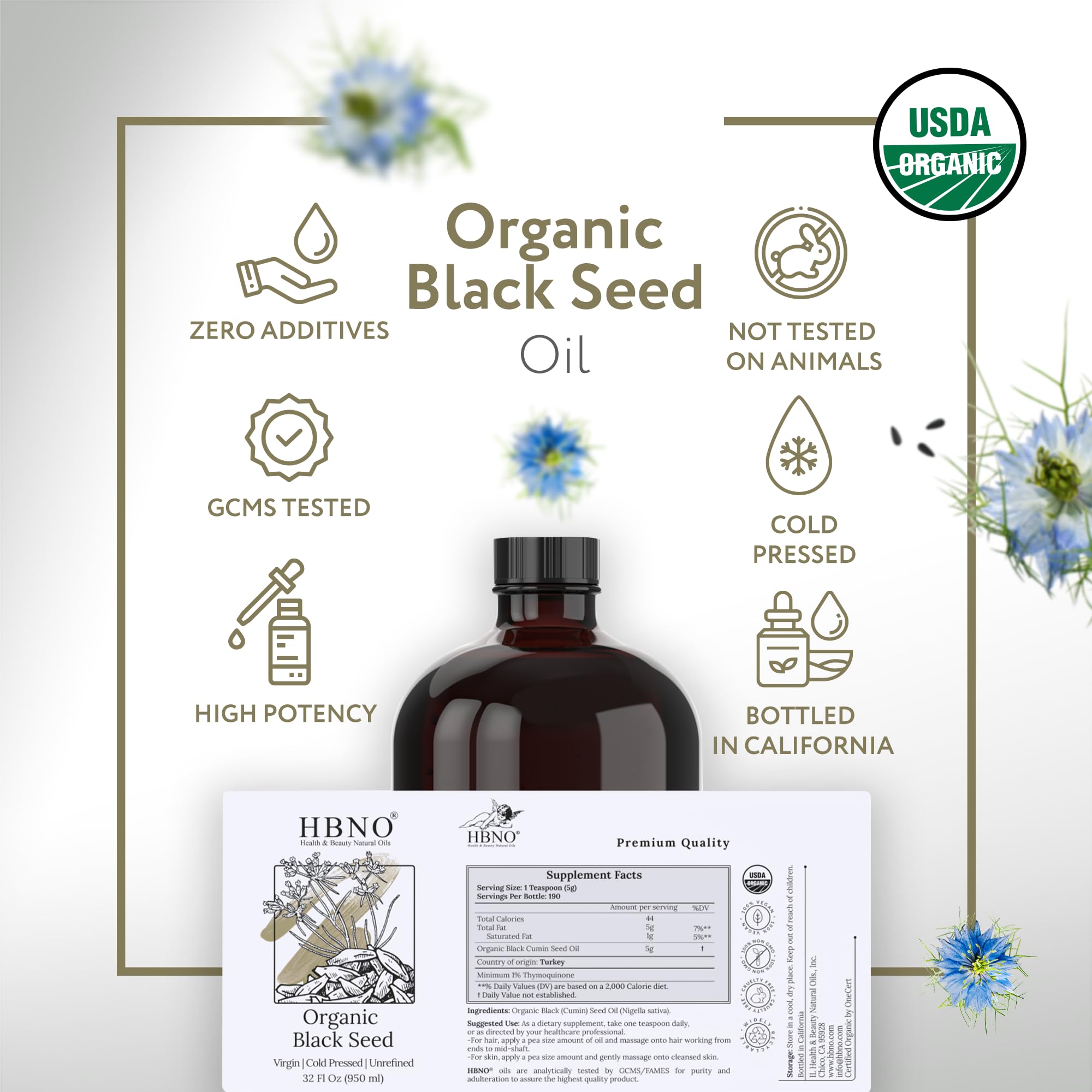 HBNO black seed oil ingredients shows cold-pressed seeds and hexane-free processing.