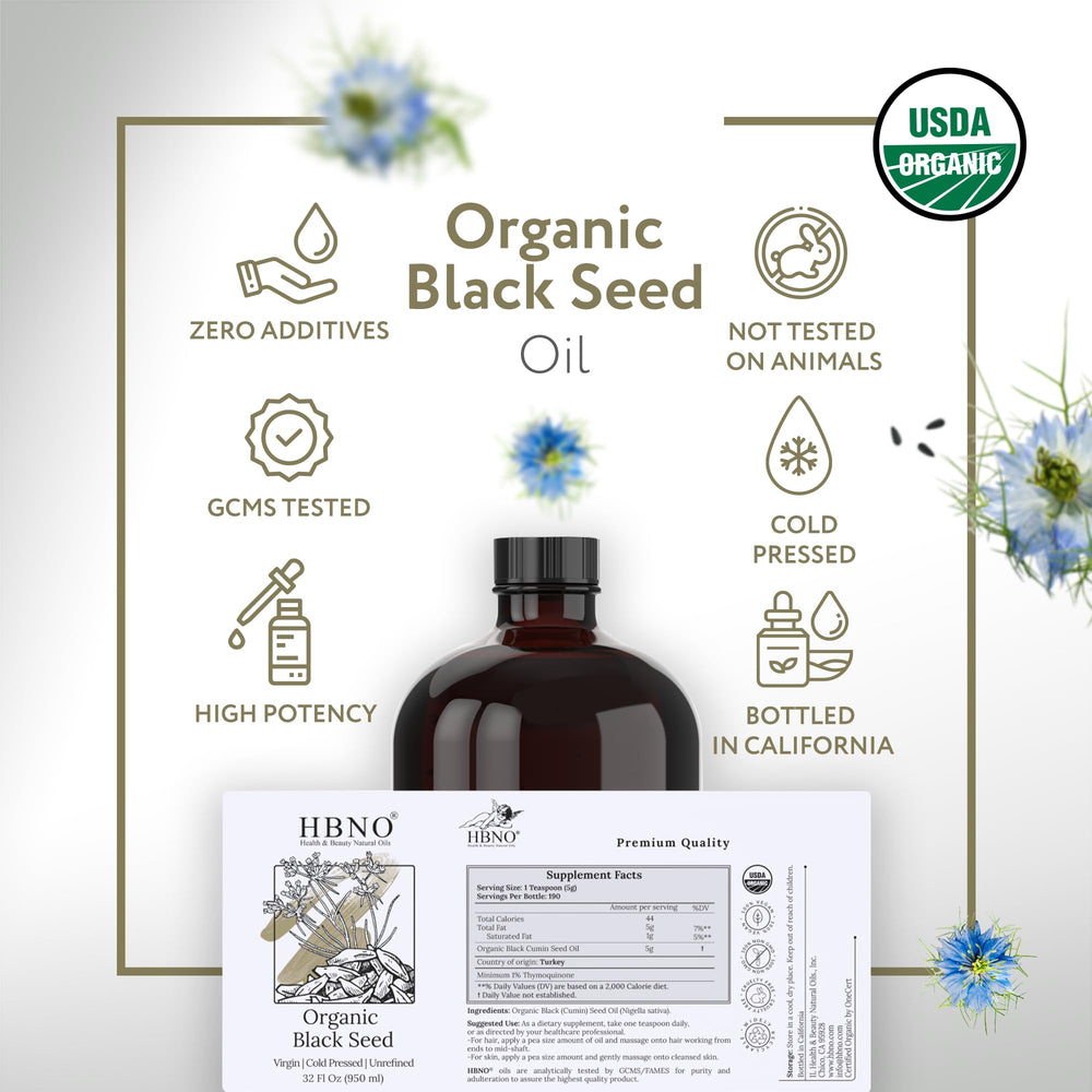 HBNO black seed oil ingredients shows cold-pressed seeds and hexane-free processing.