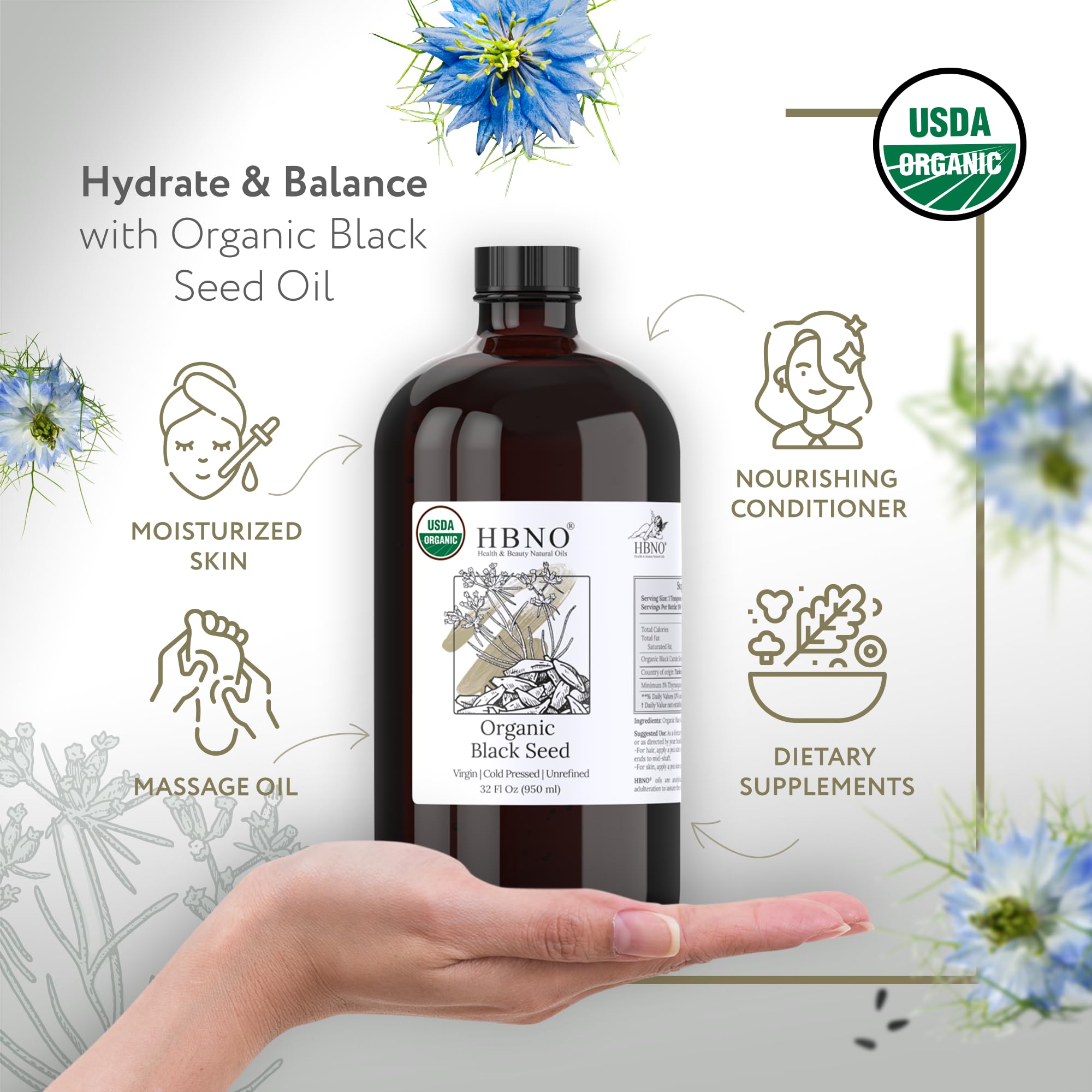 HBNO black seed oil label USDA spot reinforces certified organic quality and origin.