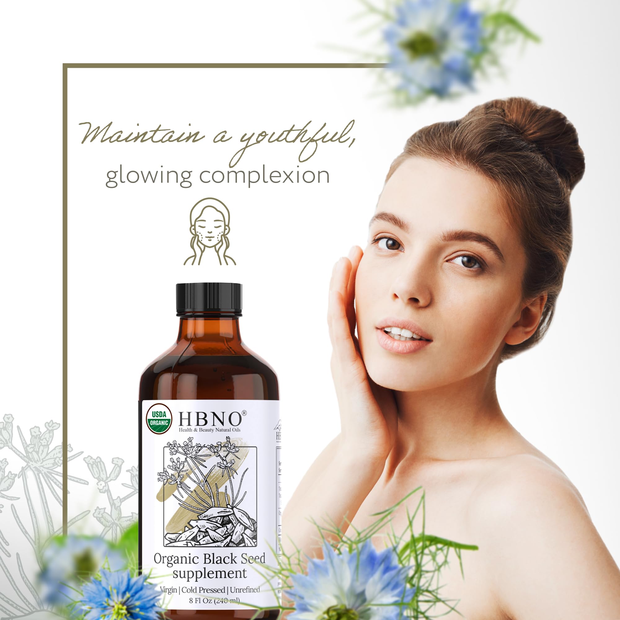 HBNO Organic Black Seed Oil application on skin demonstrates versatile use for face.