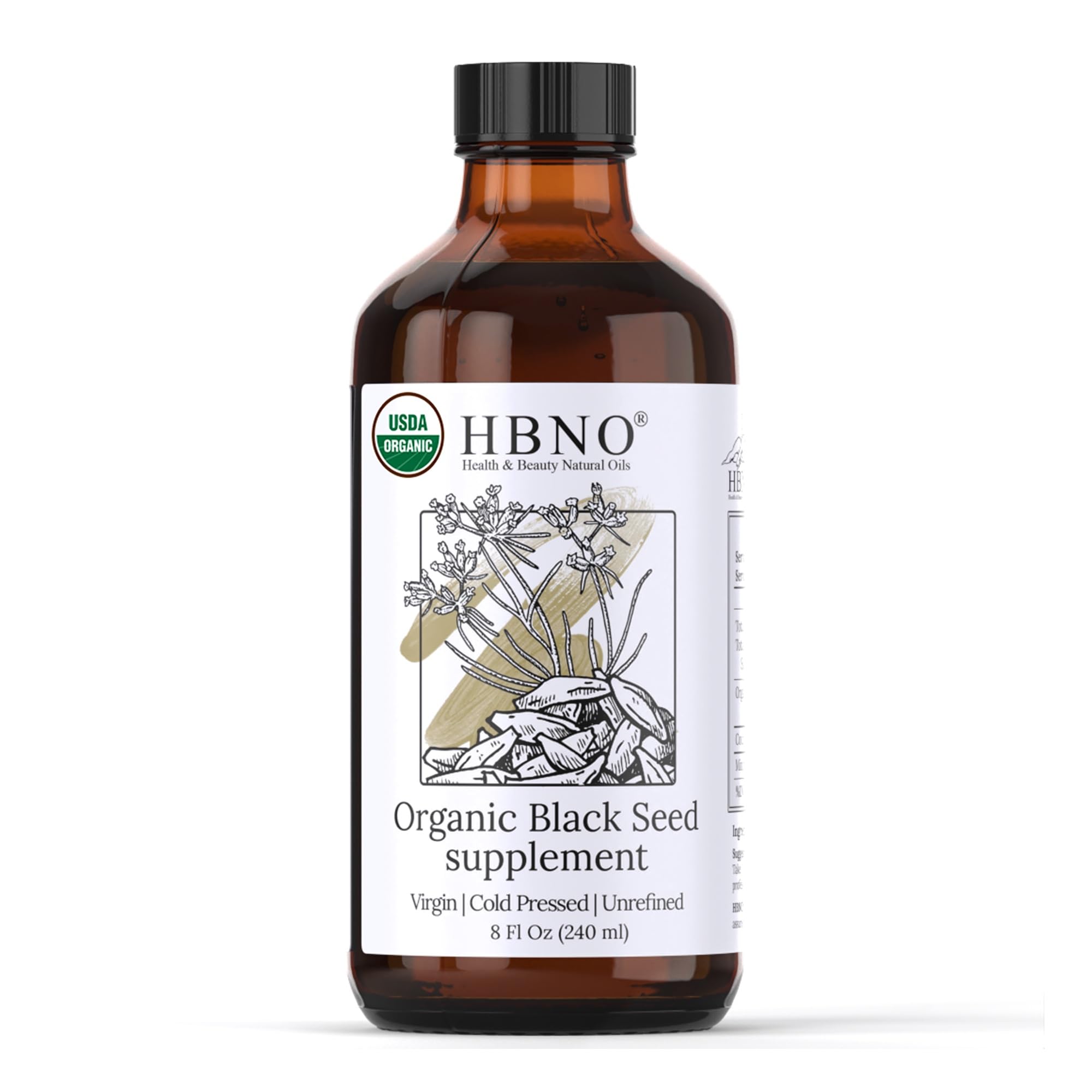 HBNO Organic Black Seed Oil bottle front shows amber glass for premium skin care use.