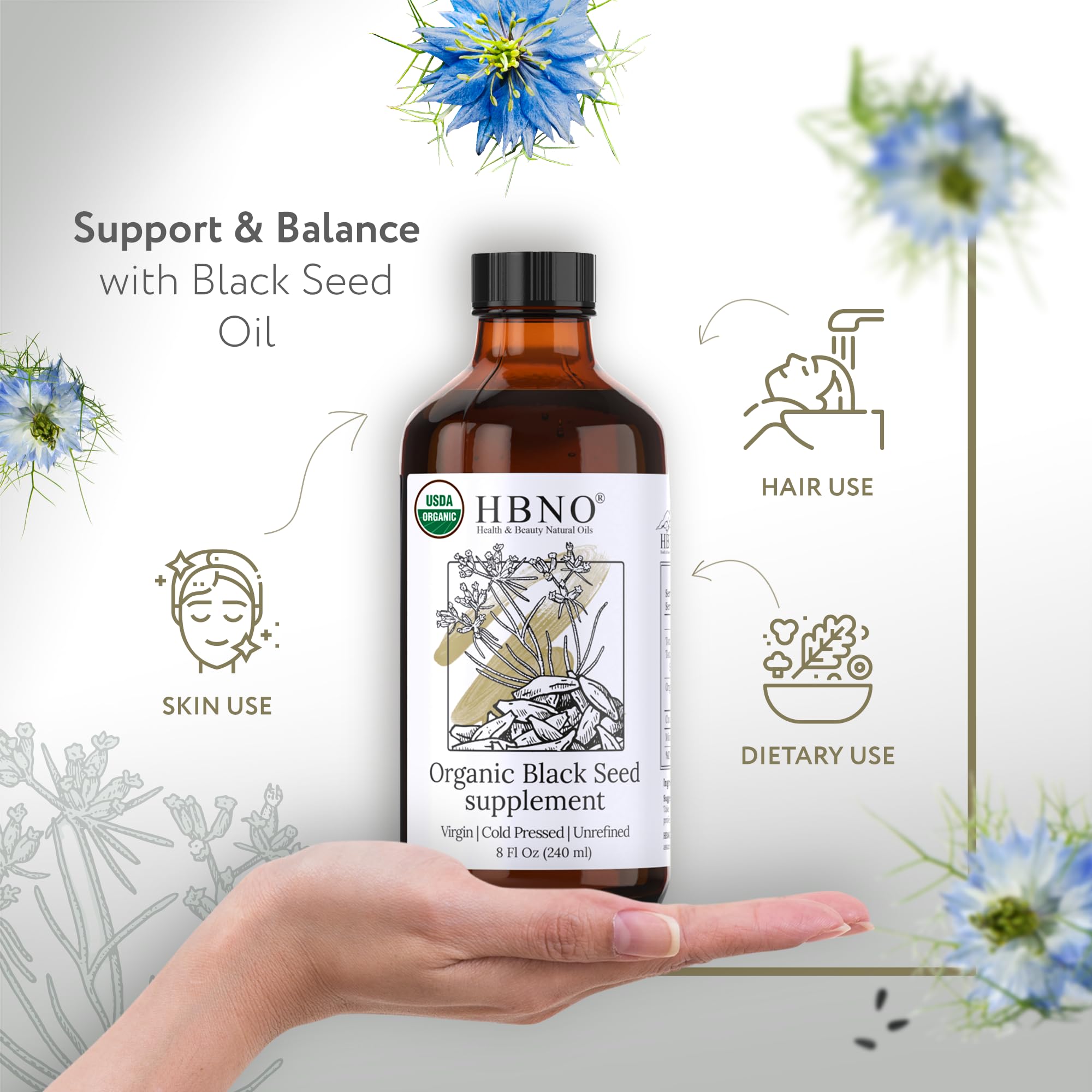 HBNO Organic Black Seed Oil label closeup highlighting organic certification and ingredients for trust.