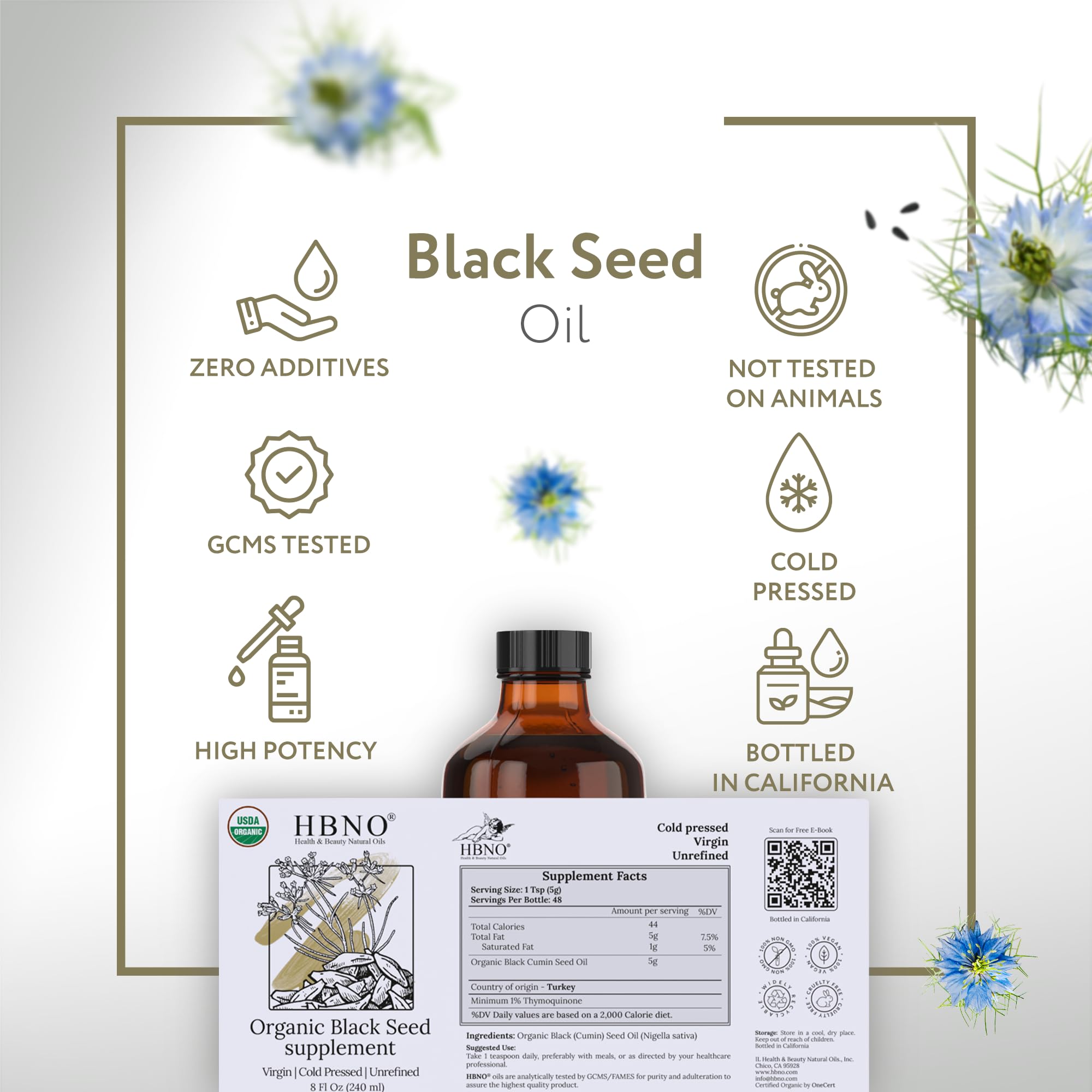 HBNO Organic Black Seed Oil packaging shot emphasizing USA-bottled quality.