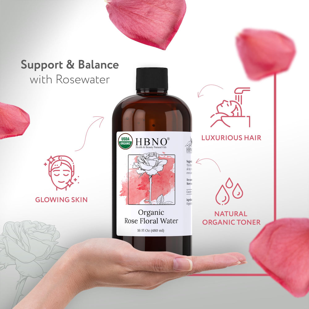 HBNO rose water aroma bottle highlighting calming floral scent for daily rituals.