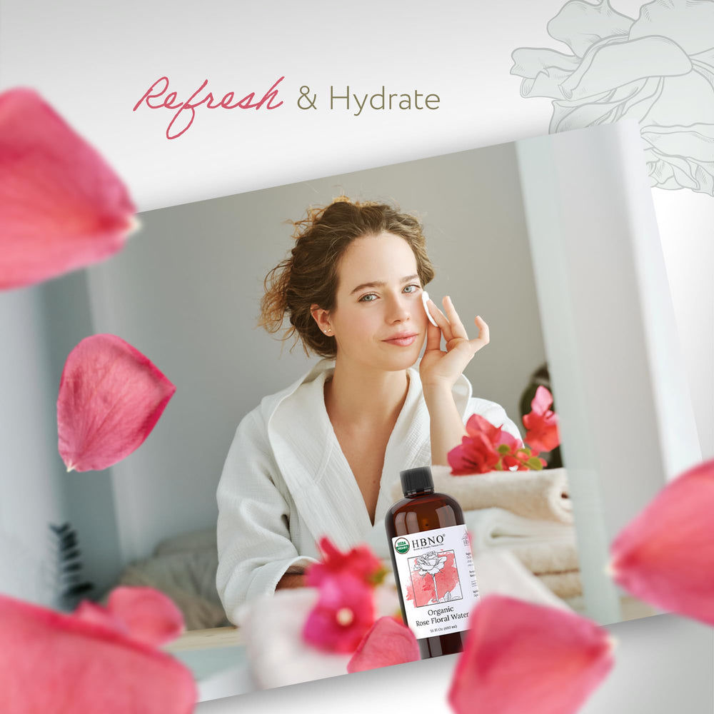 HBNO rose water bottled in USA emphasizes local production and quality.