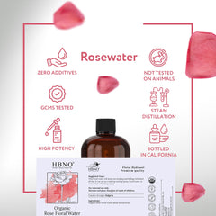 HBNO rose water as facial setting spray for natural makeup longevity.