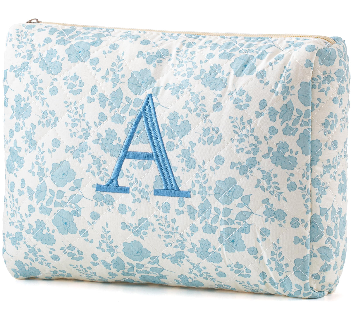 HBselect initial quilted makeup bag floral pattern close-up showing stylish design and easy-access zipper