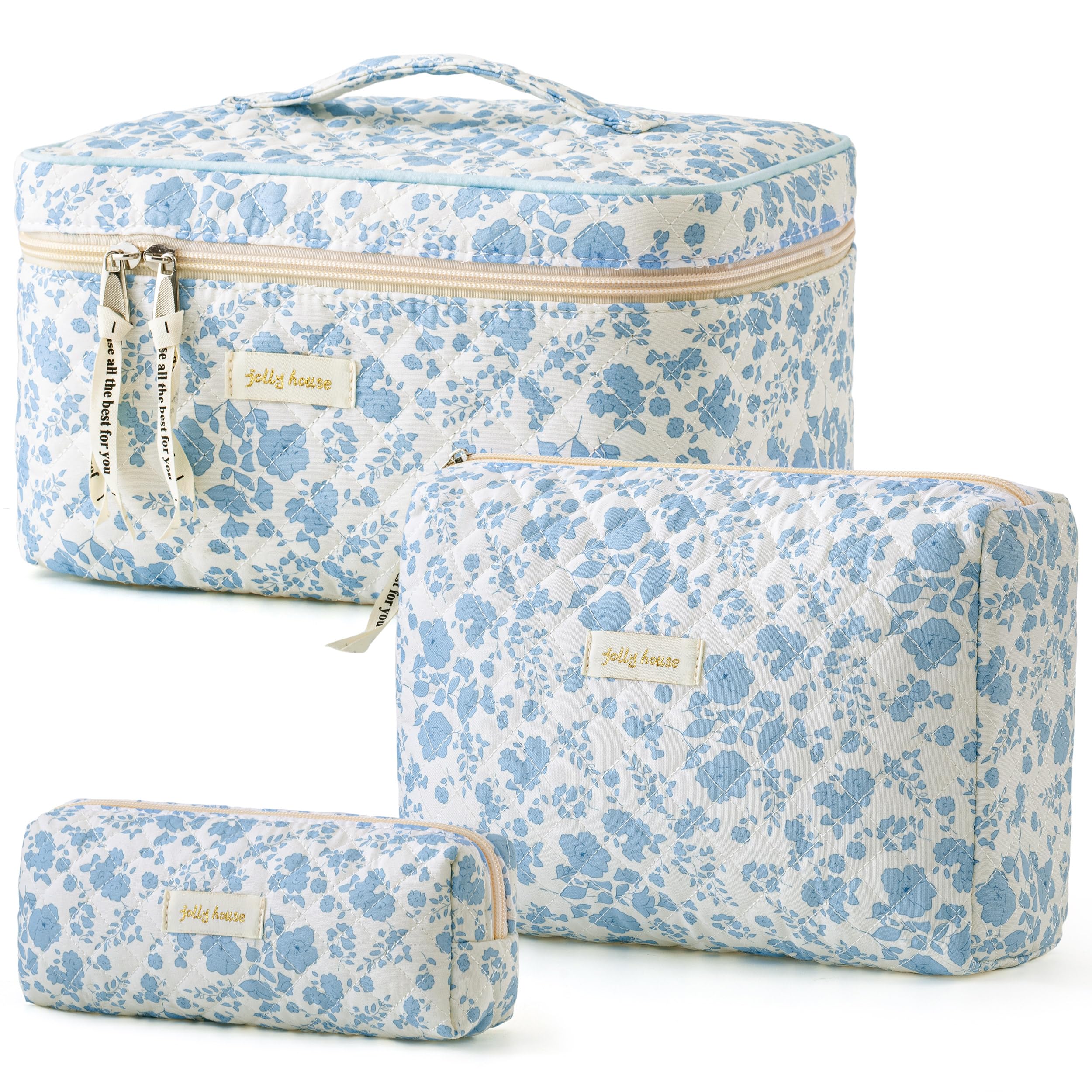 HBselect quilted makeup bag 3pcs set in large size for spacious travel storage.
