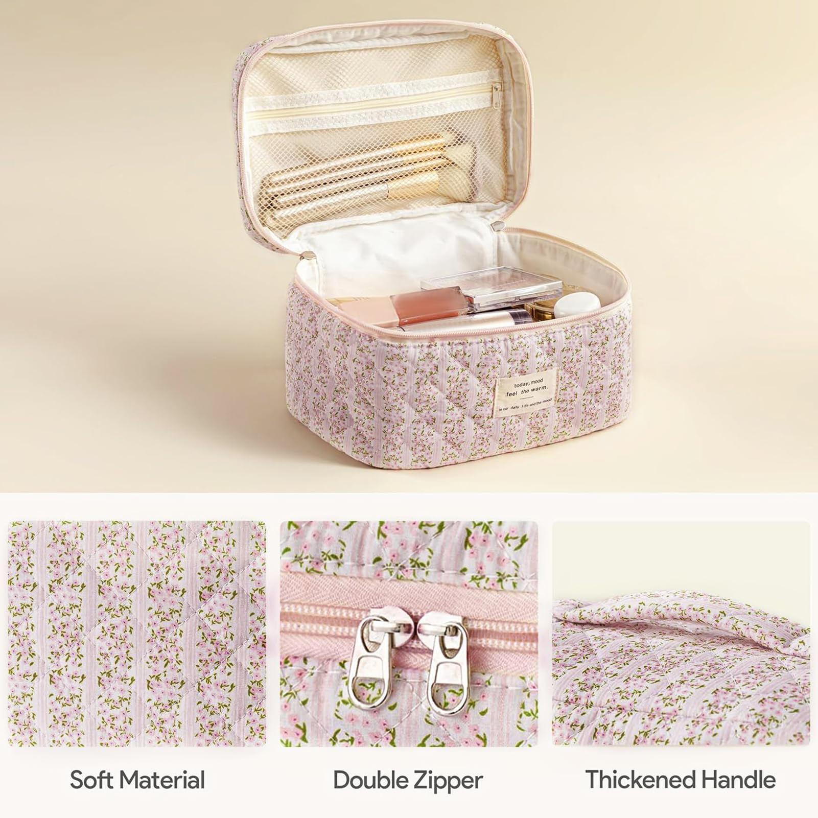 HBselect quilted makeup bag featuring a double zipper for easy access and neat packing.