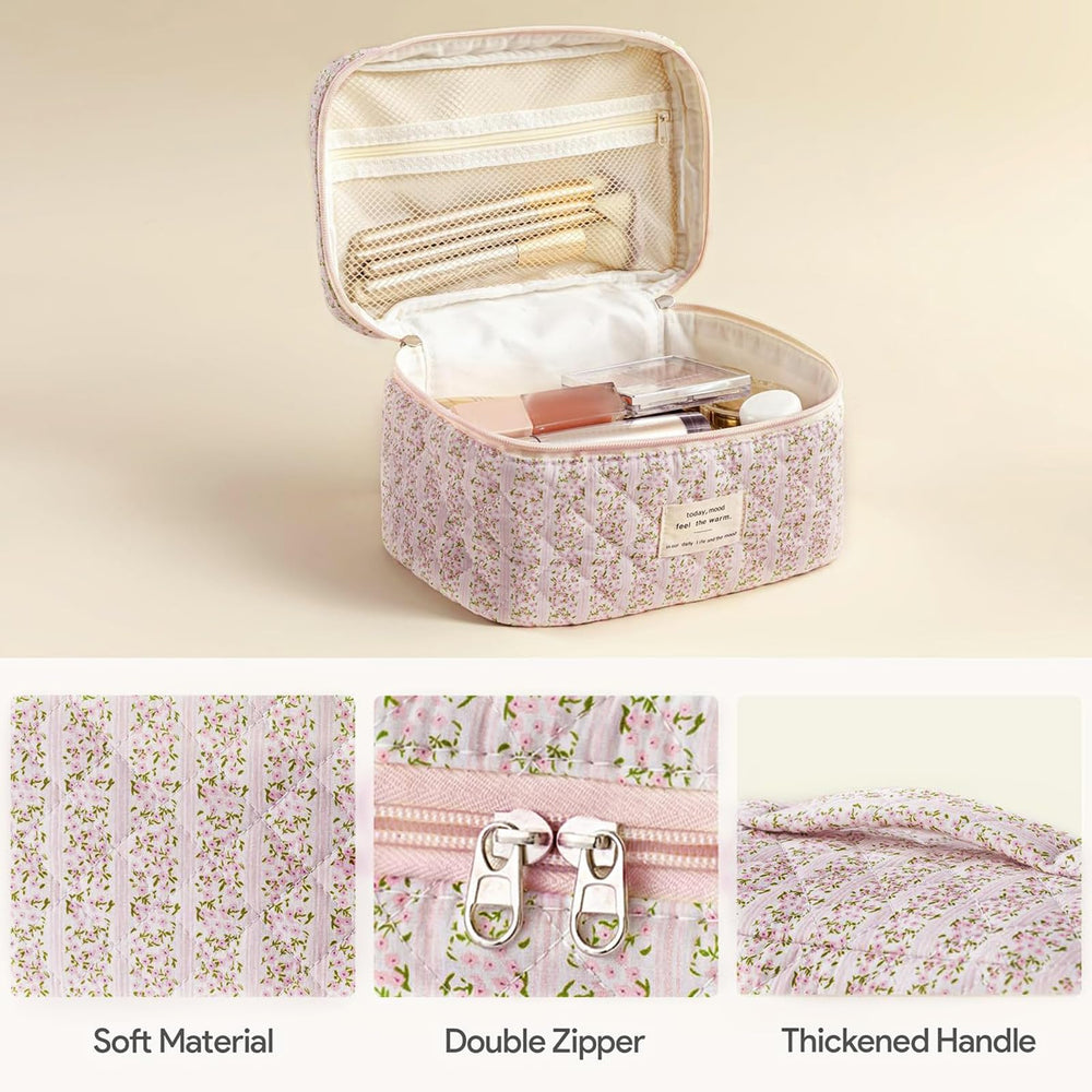 HBselect quilted makeup bag featuring a double zipper for easy access and neat packing.
