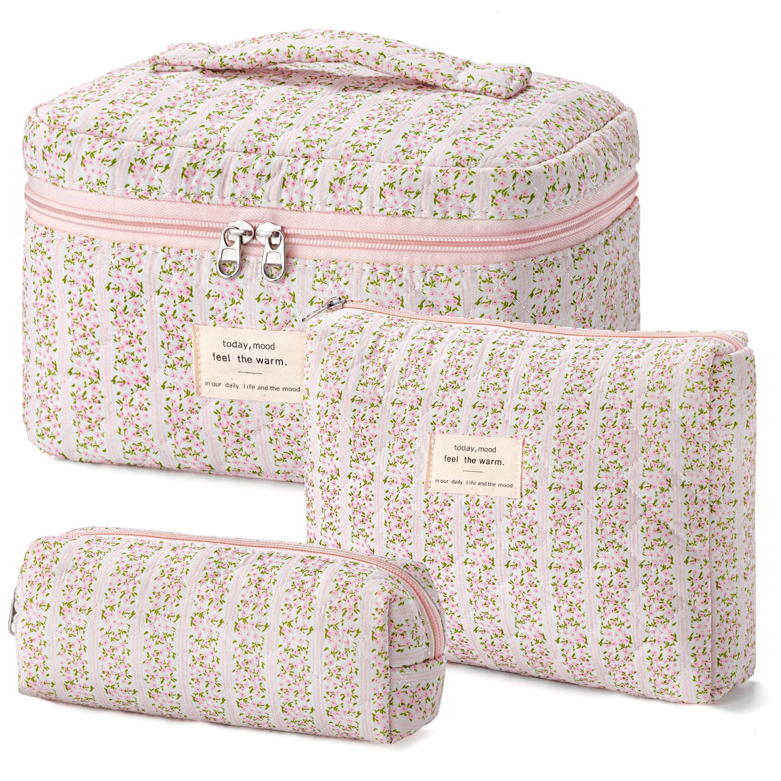 HBselect quilted makeup bag with floral pattern for stylish travel organization.