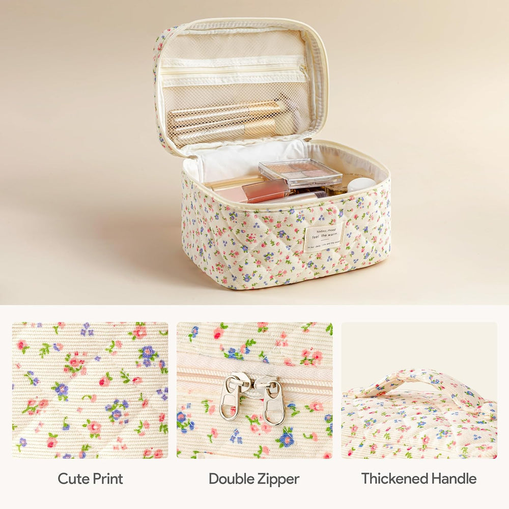 HBselect quilted makeup bag with gold zipper detail for secure, smooth access.