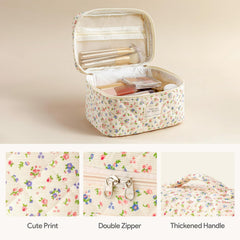 HBselect quilted makeup bag with gold zipper detail for secure, smooth access.