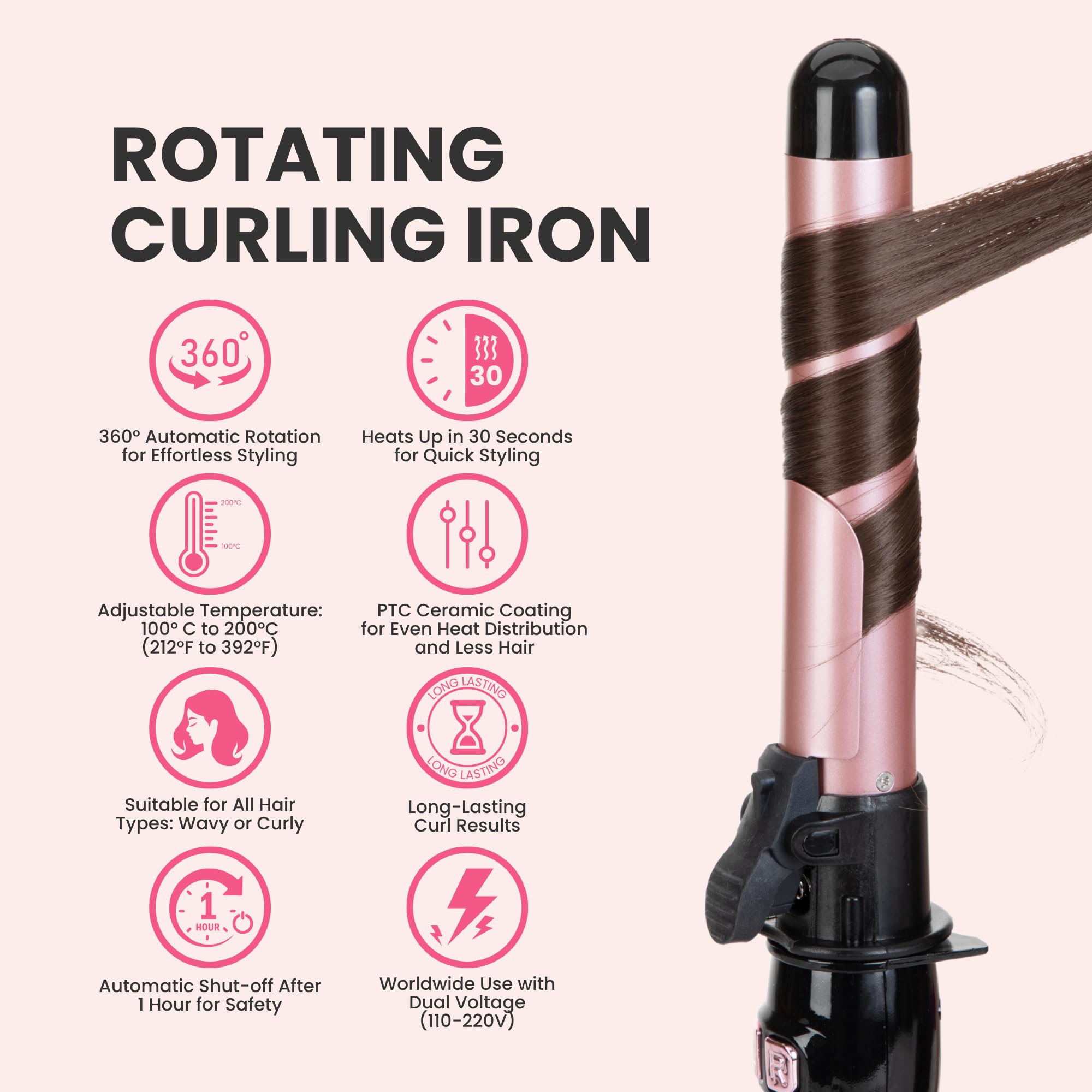 HC Honey Coco rotating curling iron rose gold heat-up feature speeds morning styling