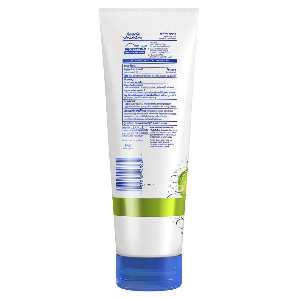 Head & Shoulders Green Apple Conditioner bottle close-up highlights refreshing fragrance enhancing routine.