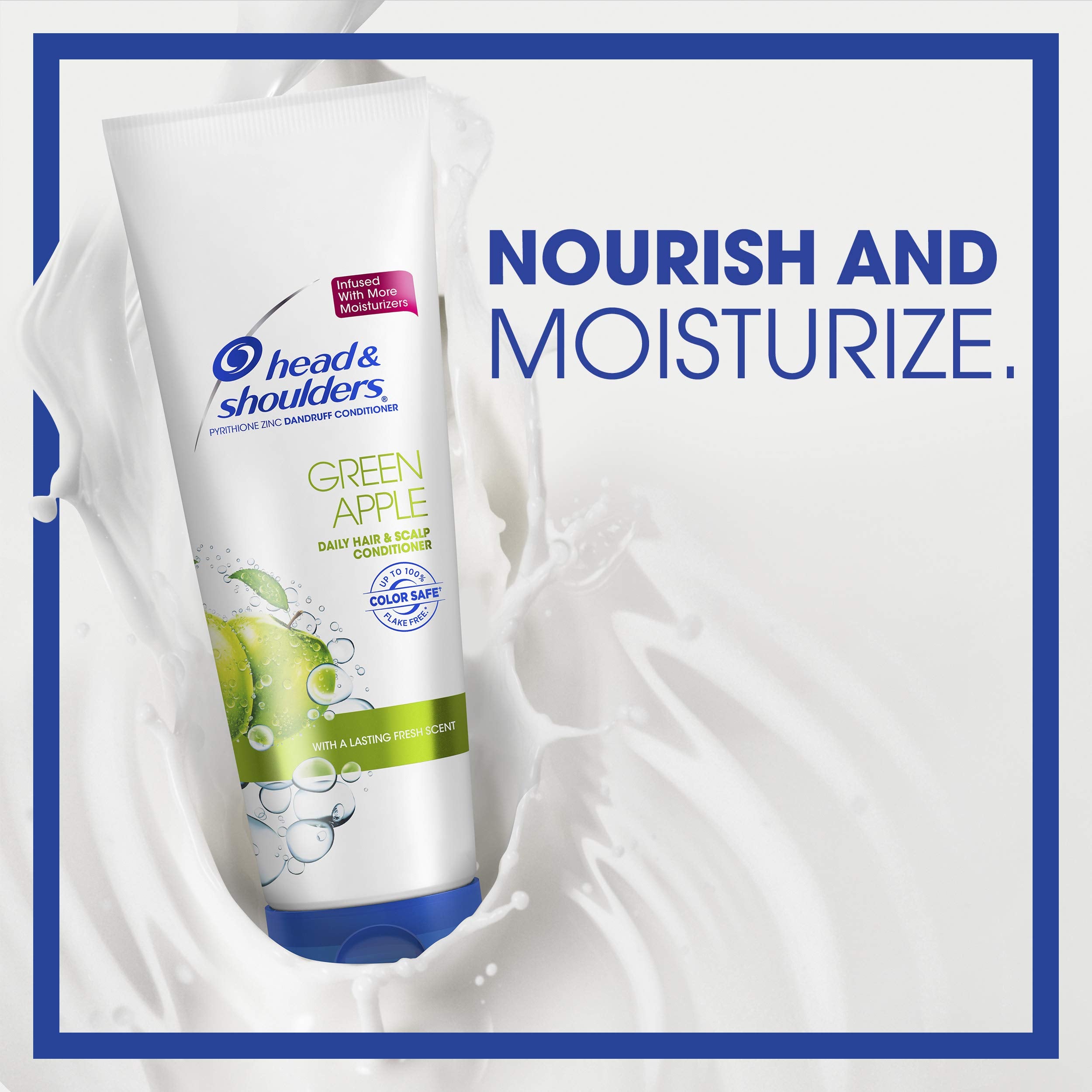 Applying Head & Shoulders Green Apple Conditioner to wet hair for hydrating shine.