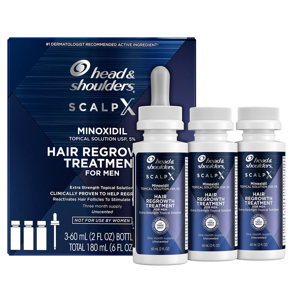 Head & Shoulders Scalp X minoxidil bottle front showing 5% formula for potential regrowth support.