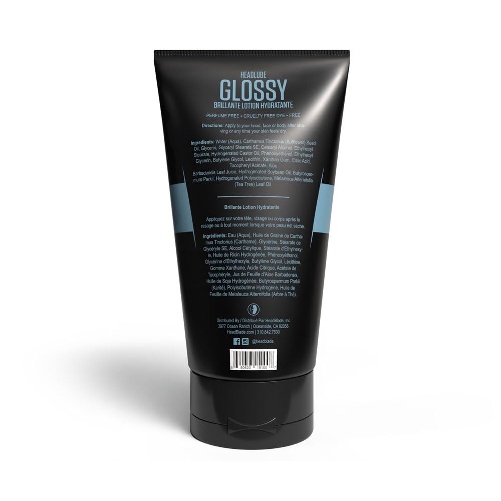 HeadBlade HeadLube Glossy label close-up shows dye-free formula.