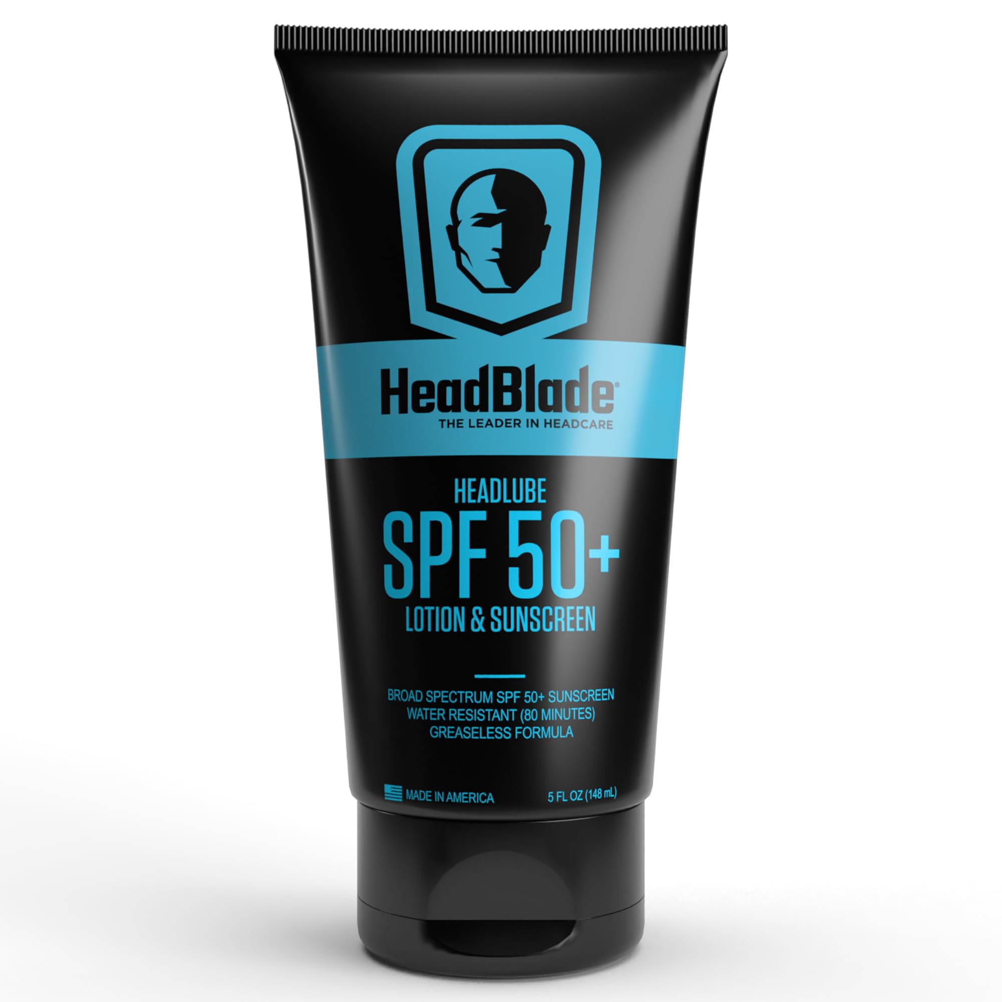 HeadLube SPF 50 bottle profile shows non-greasy sunscreen for active use.