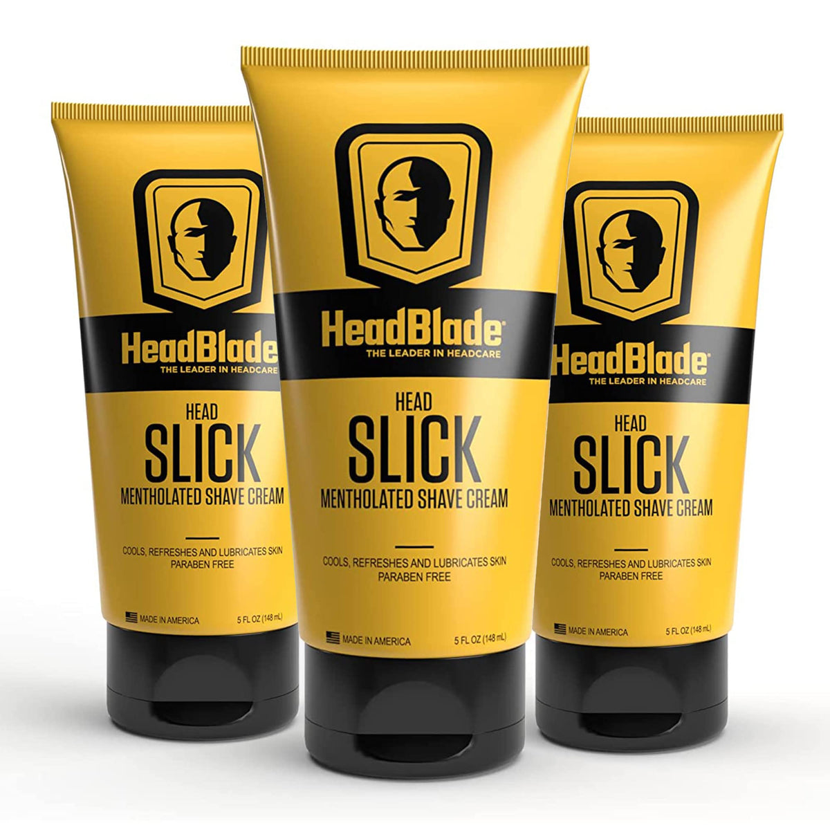 HeadBlade HeadSlick bottle demonstrates a lubricating cream for effortless scalp shaving.