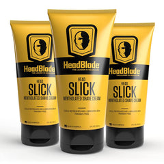 HeadBlade HeadSlick bottle demonstrates a lubricating cream for effortless scalp shaving.