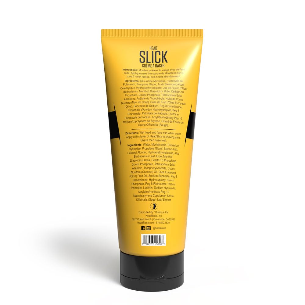 HeadBlade HeadSlick bottle side showcases easy-to-rinse formula for irritation-free shaves.
