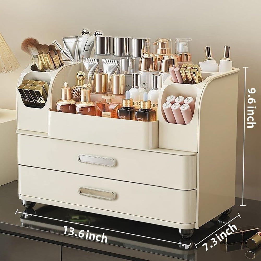 Heaime makeup organizer with compartments neatly stores lipsticks and polishes.