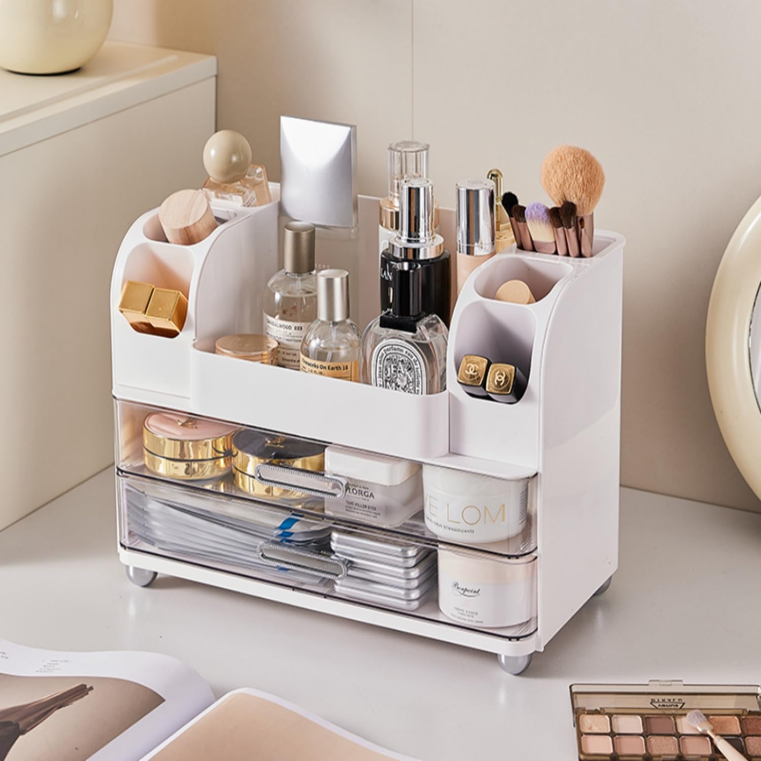 Heaime makeup organizer open drawers show large storage for masks and vanity kits.