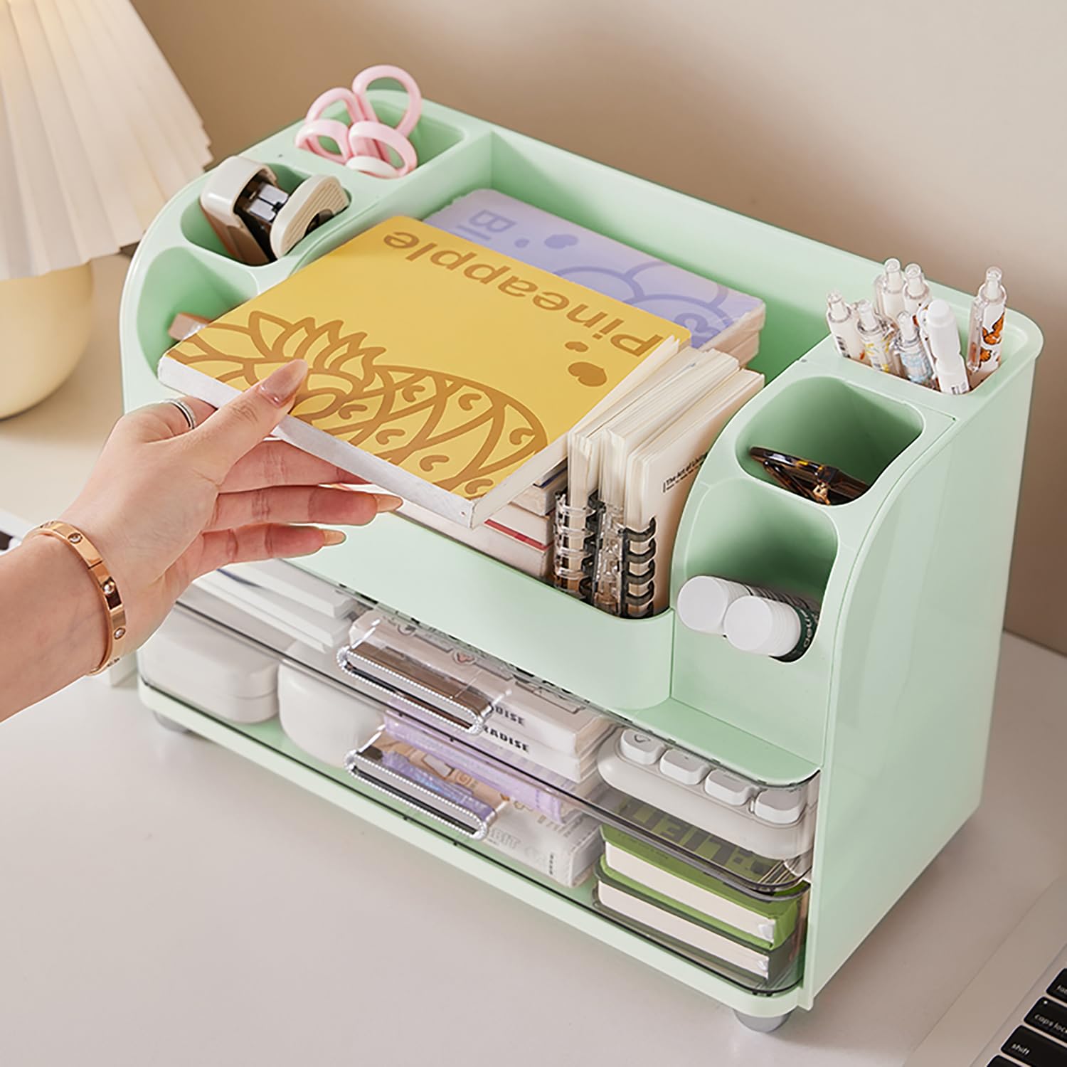 Heaime makeup organizer green finish adds elegant vanity touch.