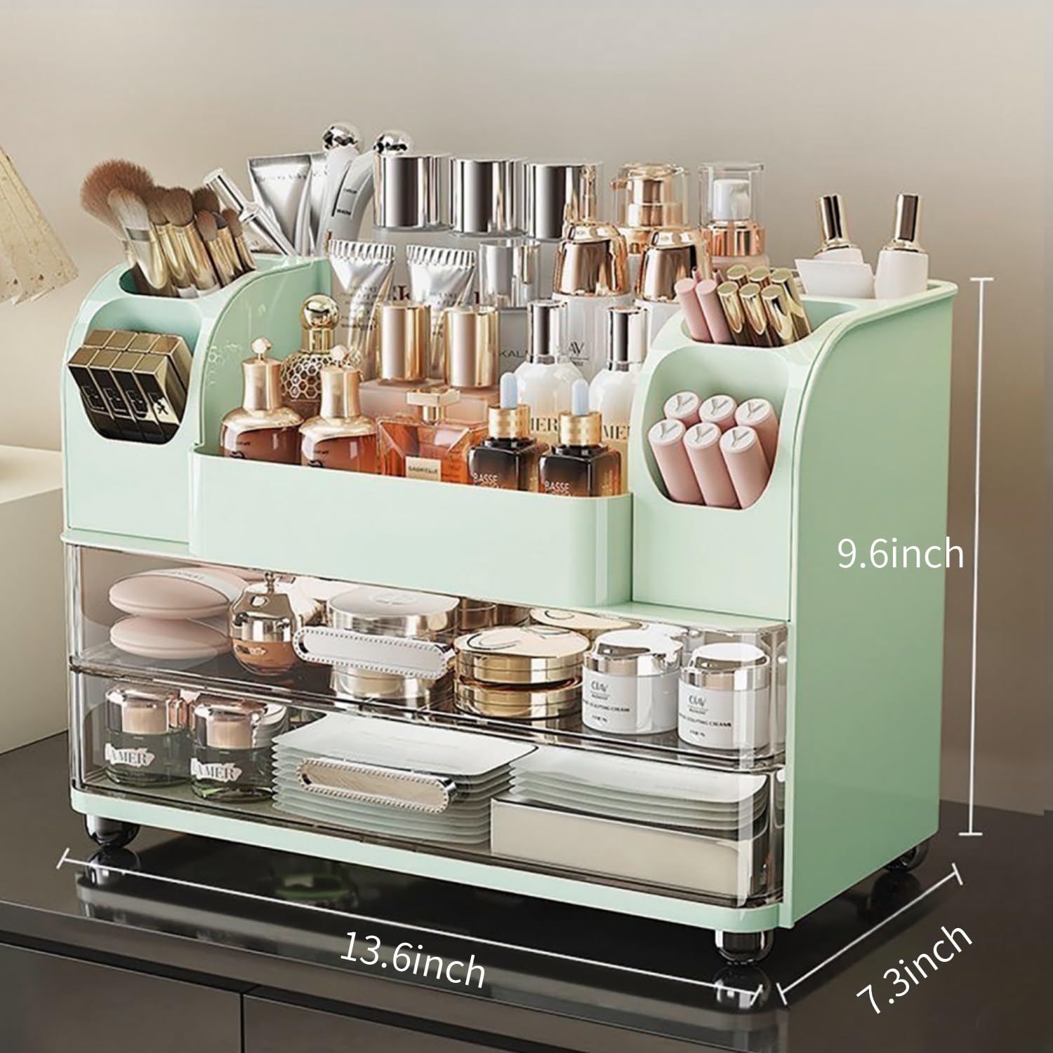 Heaime makeup organizer large drawers store masks and small items neatly.