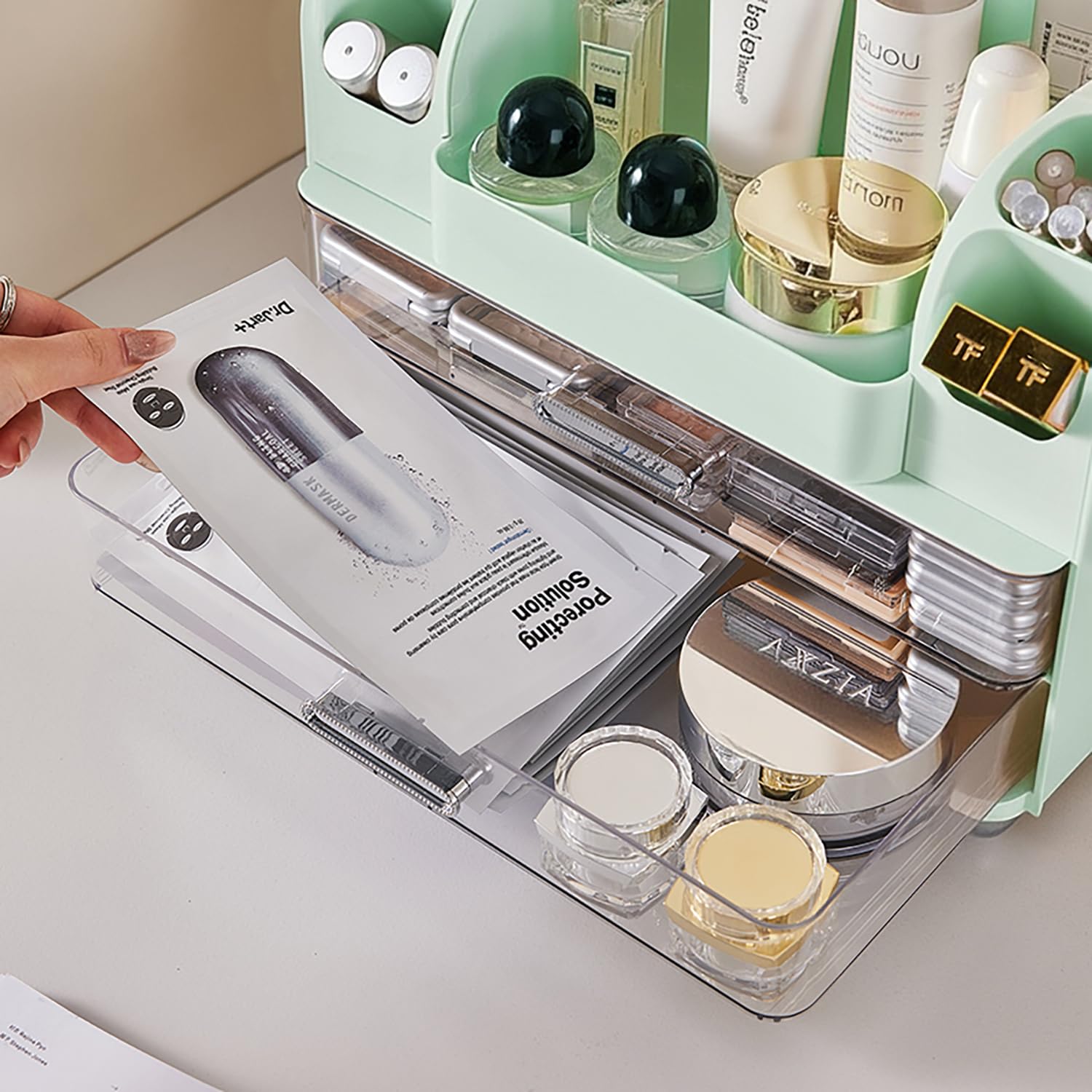 Heaime makeup organizer lipstick and nail polish area keeps colors accessible.