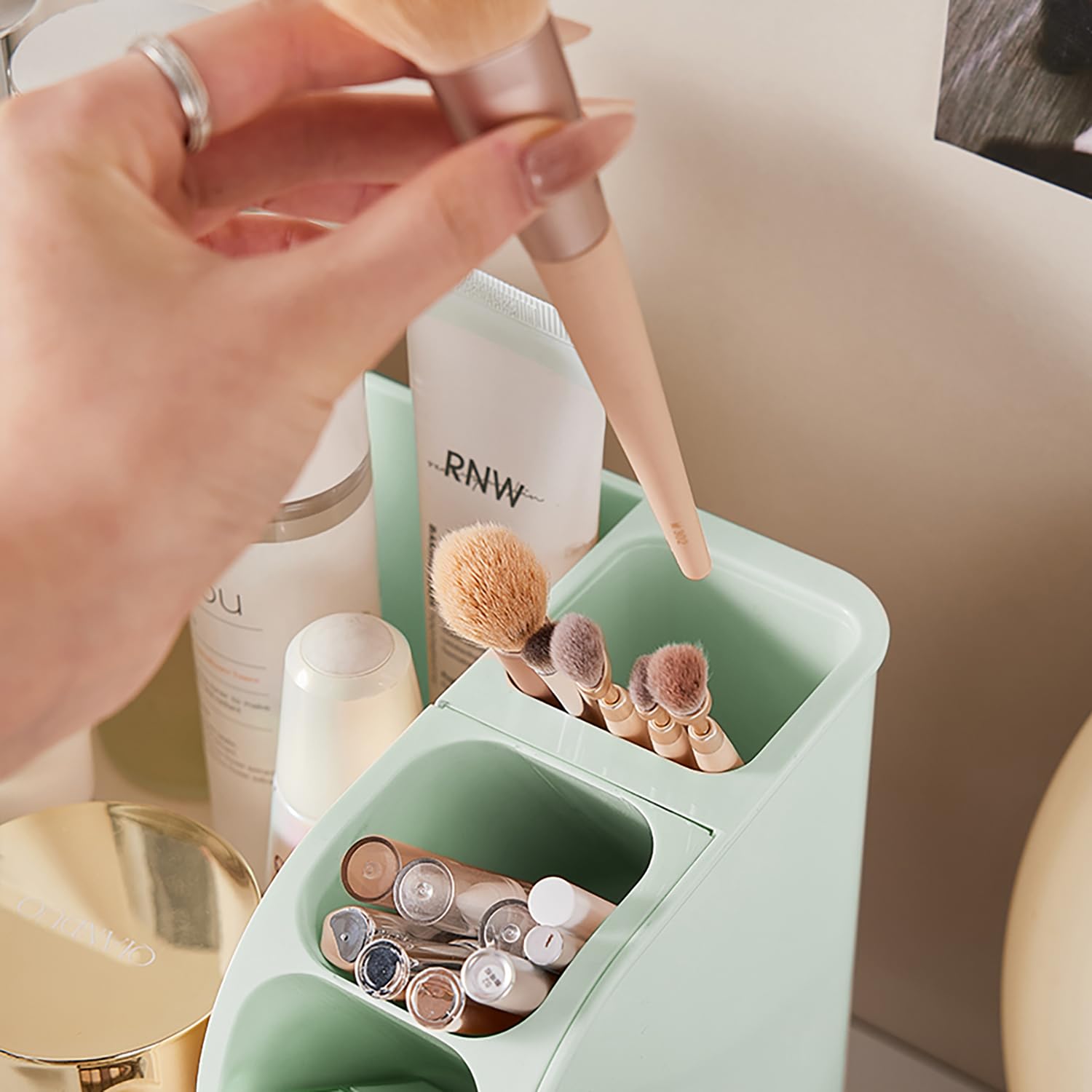 Heaime makeup organizer skin-care bottles stay visible and secure.