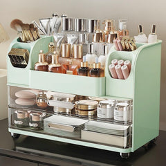 Heaime makeup organizer top compartment keeps tall bottles easily accessible.