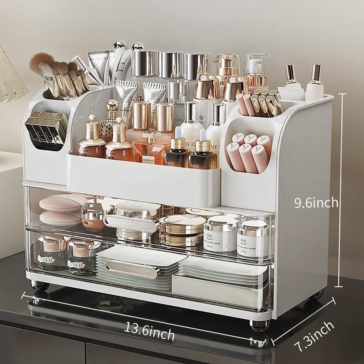 Heaime makeup organizer top compartments for tall serums and skincare bottles.