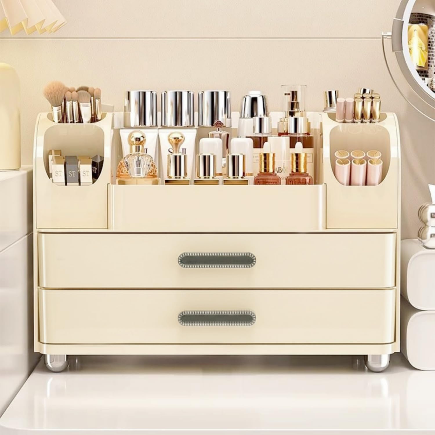Heaime makeup organizer on a vanity display elevates cosmetic organization.