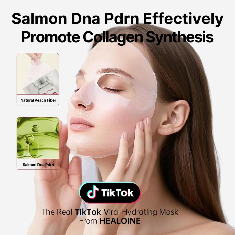 HEALOINE Salmon DNA PDRN Pink Deep Collagen Mask cloth close-up showing ripple-fiber texture for absorption.