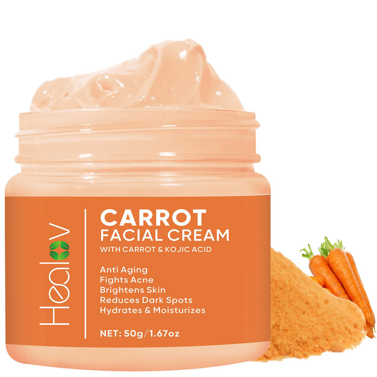 Healov Carrot Cream bottle close-up showing premium brightening formula