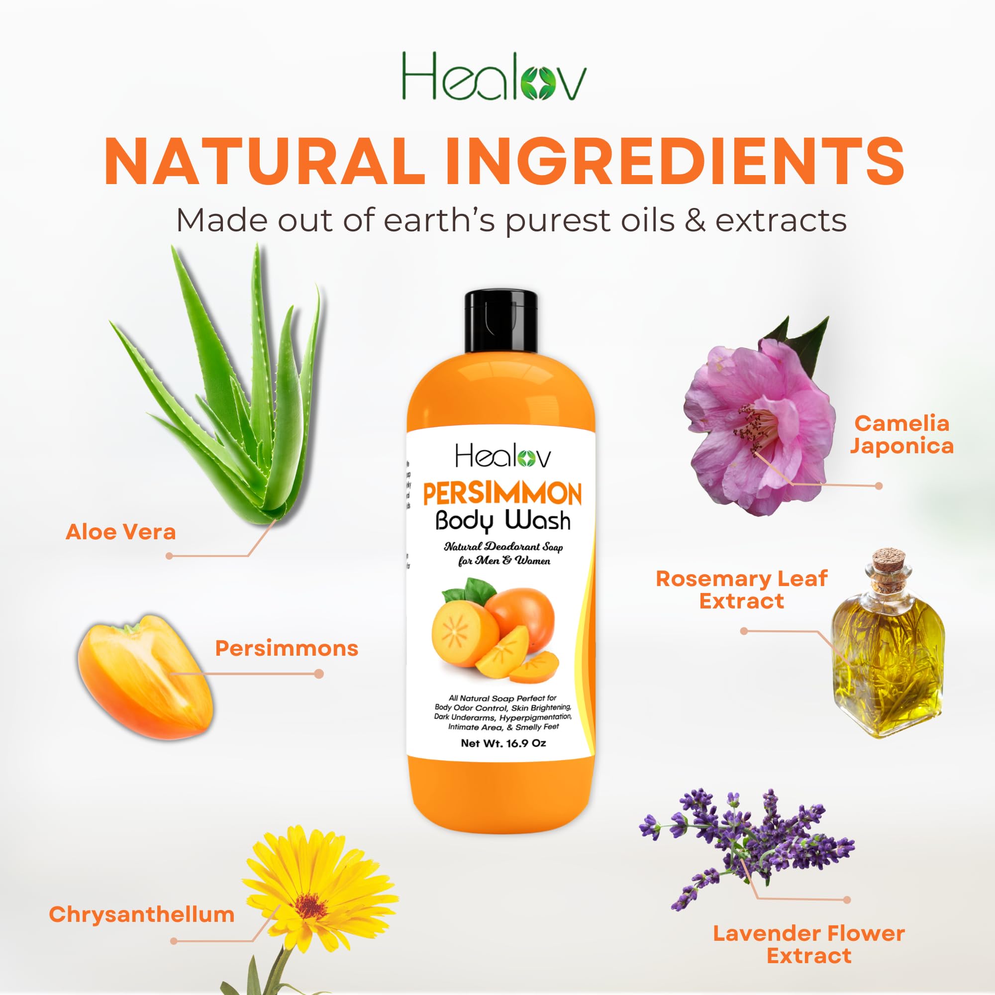 Healov Persimmon Body Wash delivers gentle hydration and brightens skin.