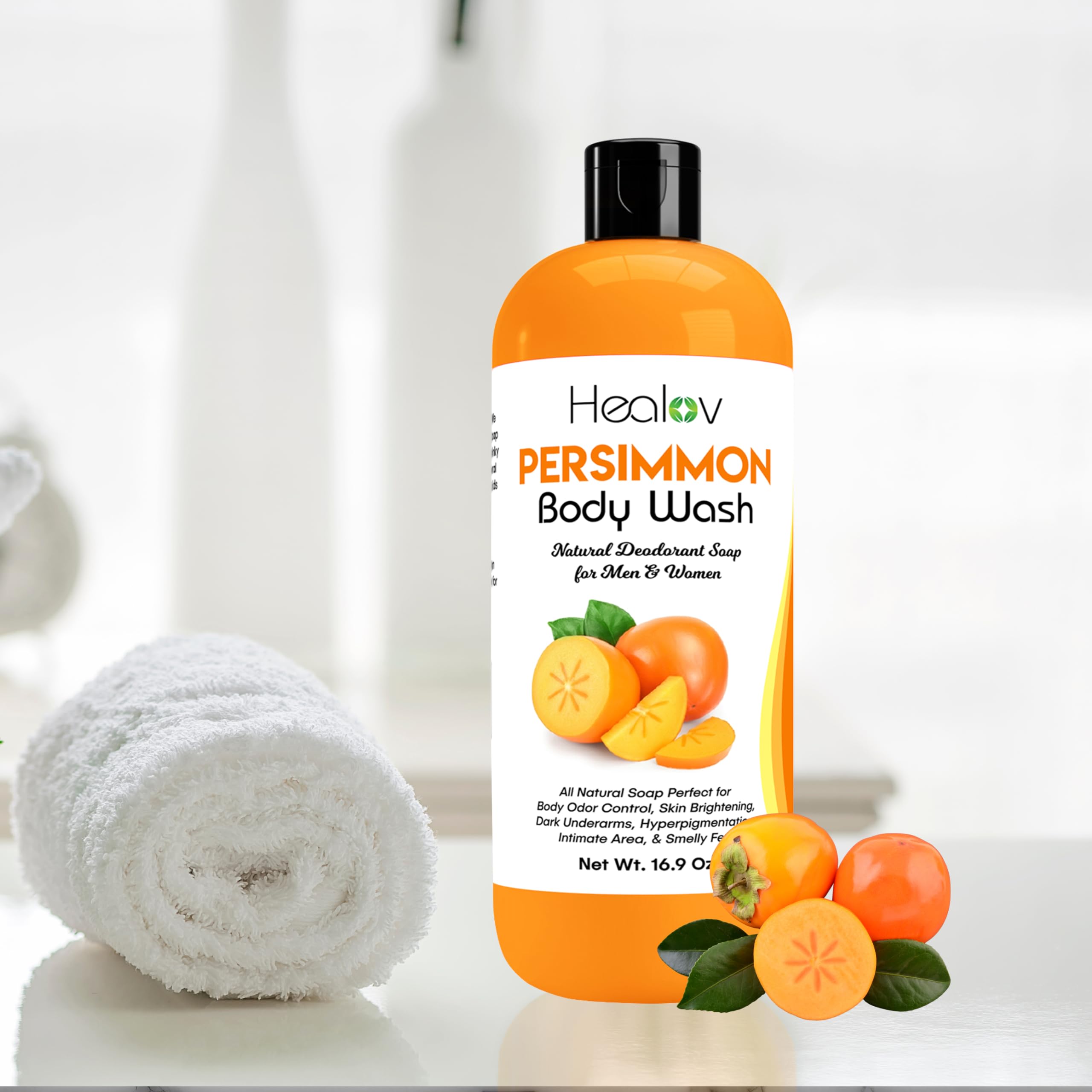 Healov Persimmon Body Wash lathering on skin for gentle hydration.