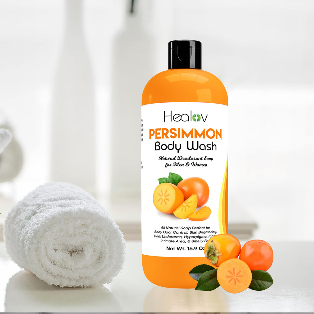 Healov Persimmon Body Wash lathering on skin for gentle hydration.