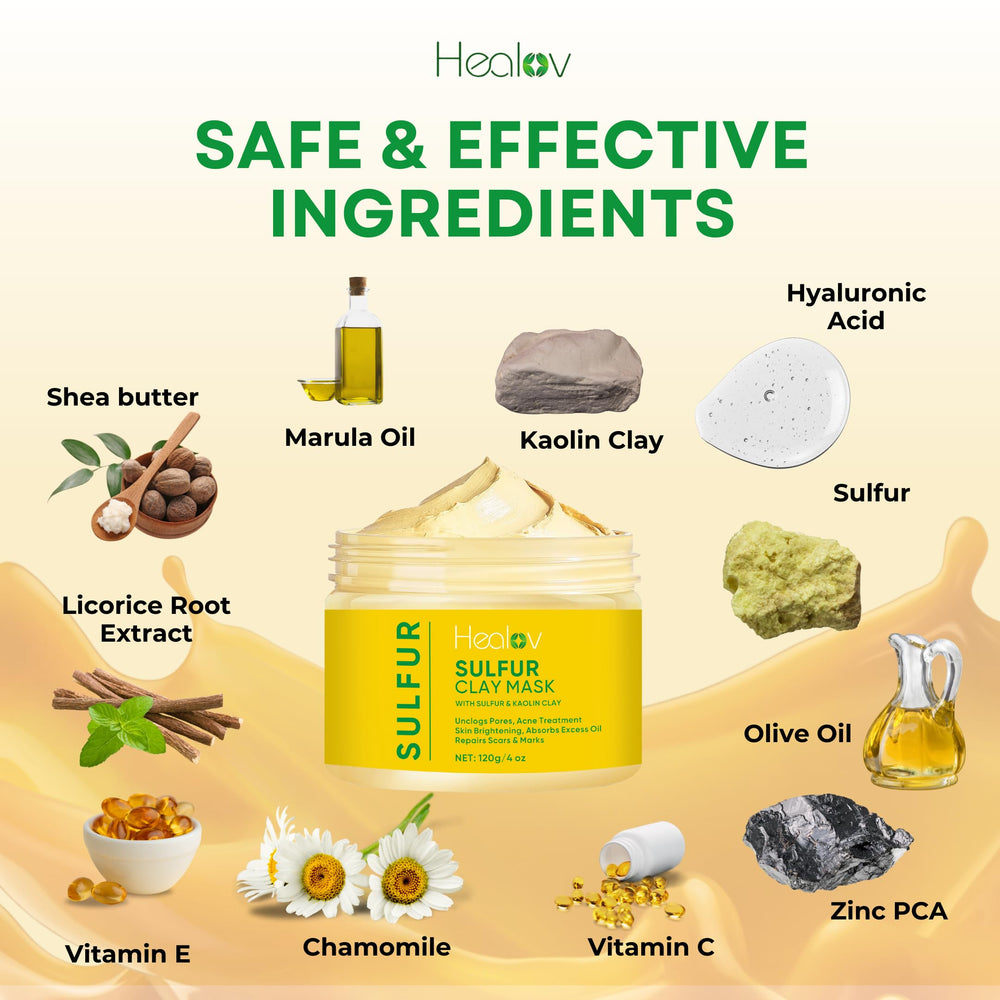 Healov sulfur mask packaging in minimal eco-friendly container