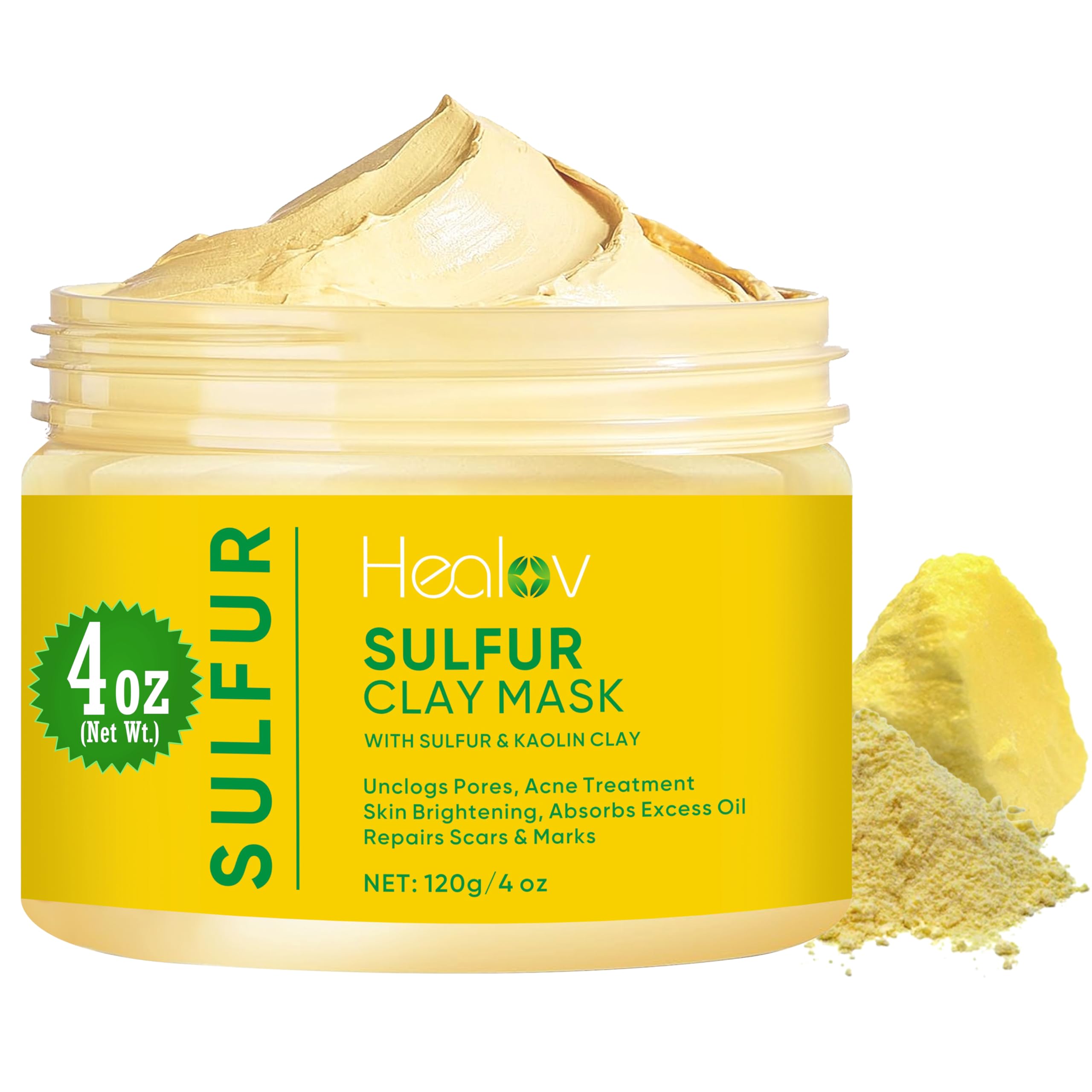 Healov sulfur face mask powder and clay blend ready for detox and gentle exfoliation