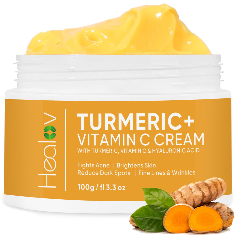 Healov turmeric body butter jar closeup showing rich texture for radiant skin.