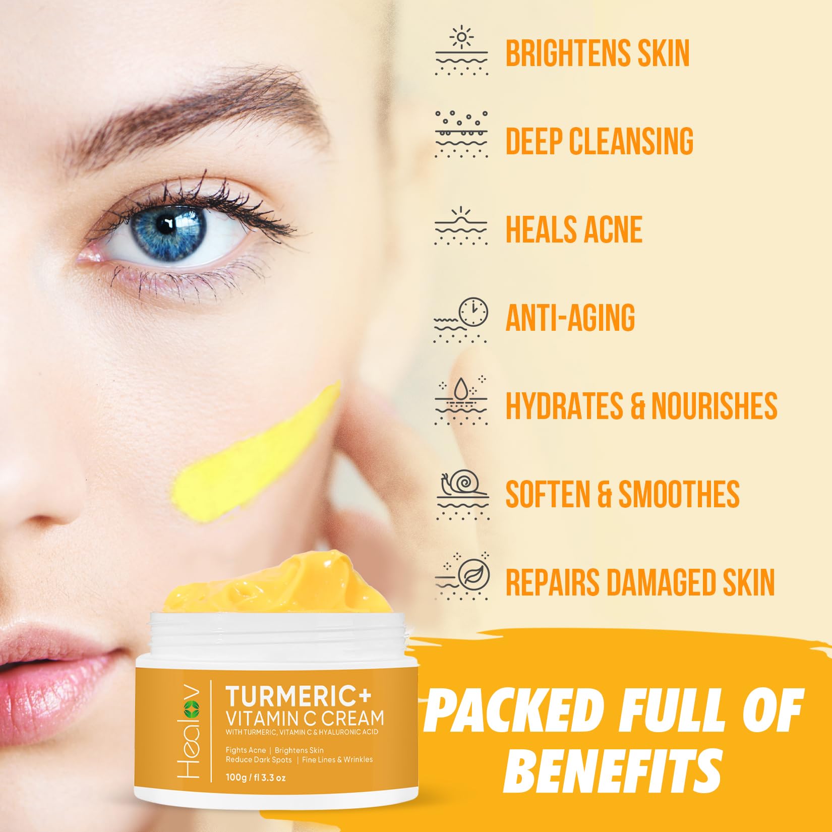 Healov turmeric detoxifying lotion depiction showing pore-minimizing, refreshing sensation.