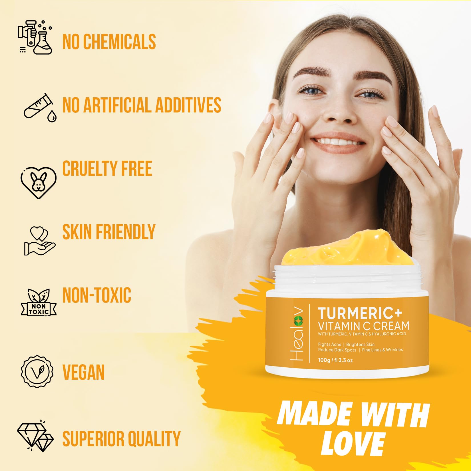 Healov turmeric face cream texture in application, smooth for day or night use.