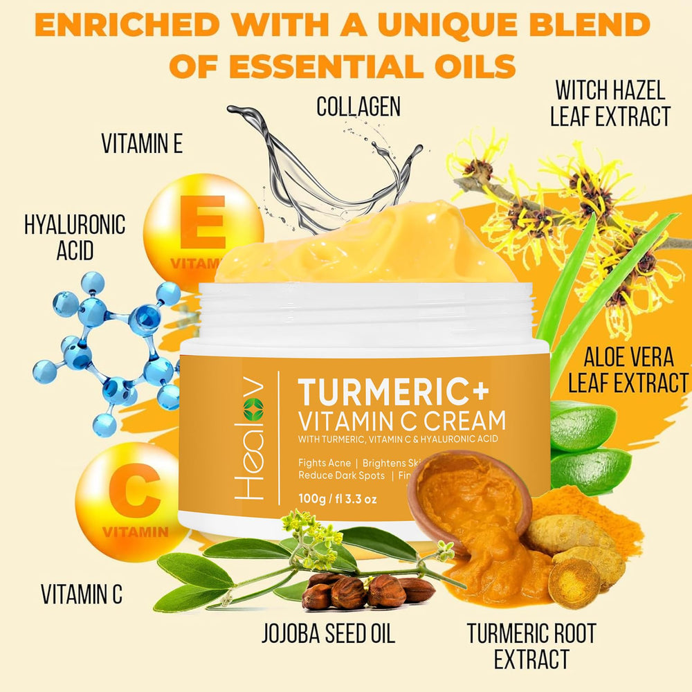 Healov turmeric packaging USA made, phthalate free promise for clean beauty.